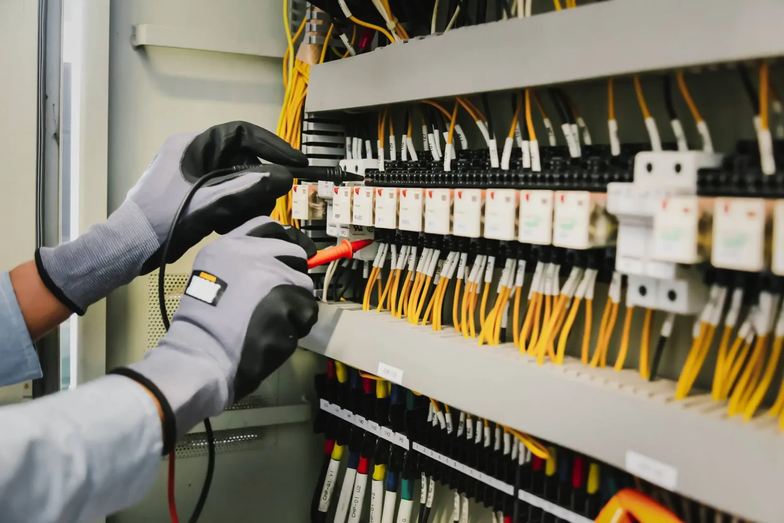 electrical company in swansea - L & W Electrical Ltd Electrician from L&W Electrical Ltd inspecting and testing electrical circuits in a control panel.